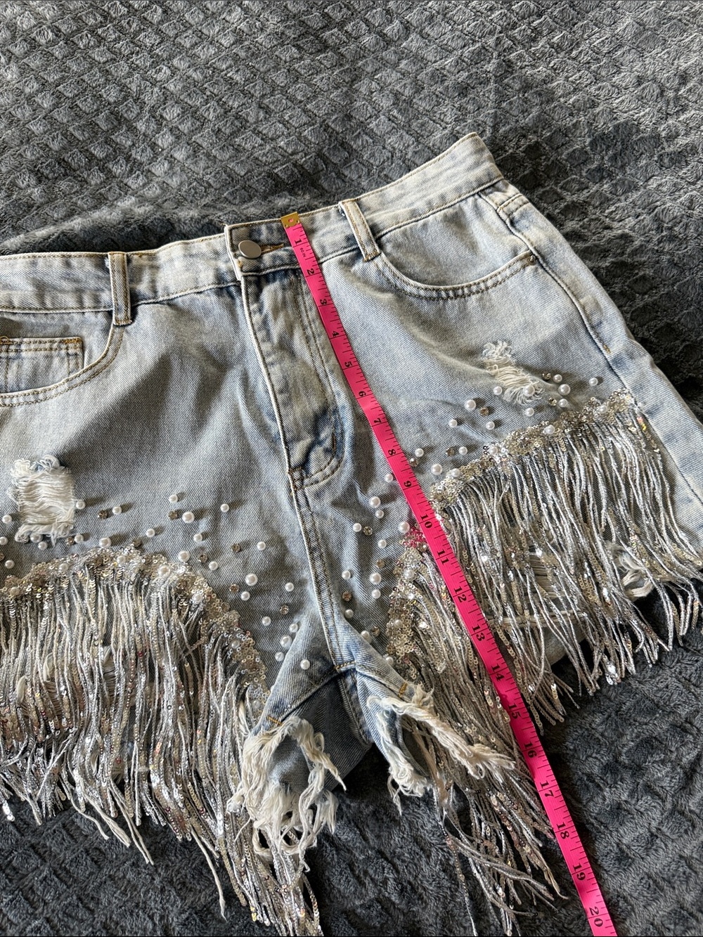 High-Waist Light Blue Denim Fringe Shorts with Pearl Accents - Picture 5 of 5